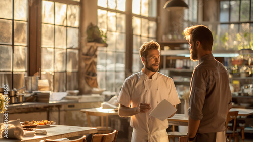 Fototapeta Naklejka Na Ścianę i Meble -  Chef and Waiter Discussing Menu in Sunlit Restaurant