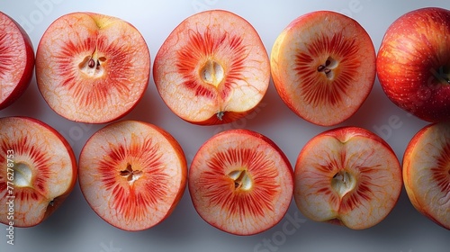  Group of sliced apples, arranged on white surface One apple bite marked
