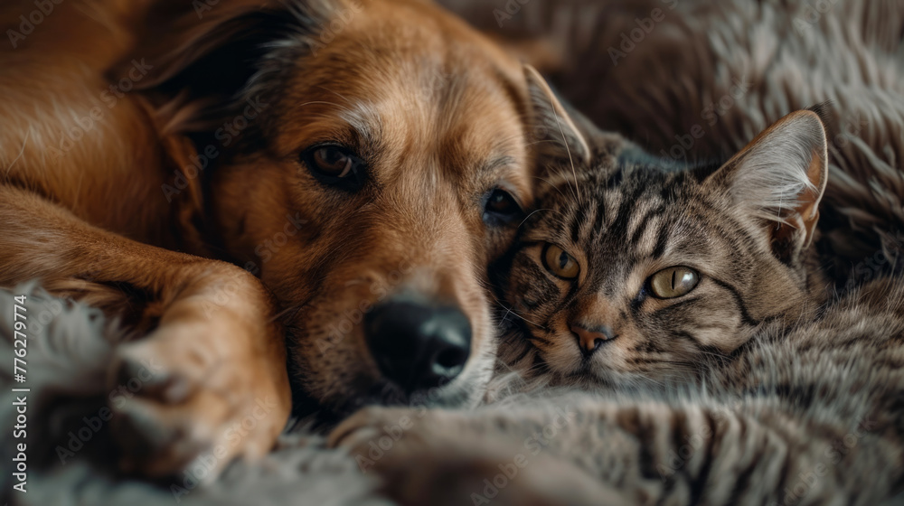 Close-up of a dog and cat snuggling together on a furry blanket