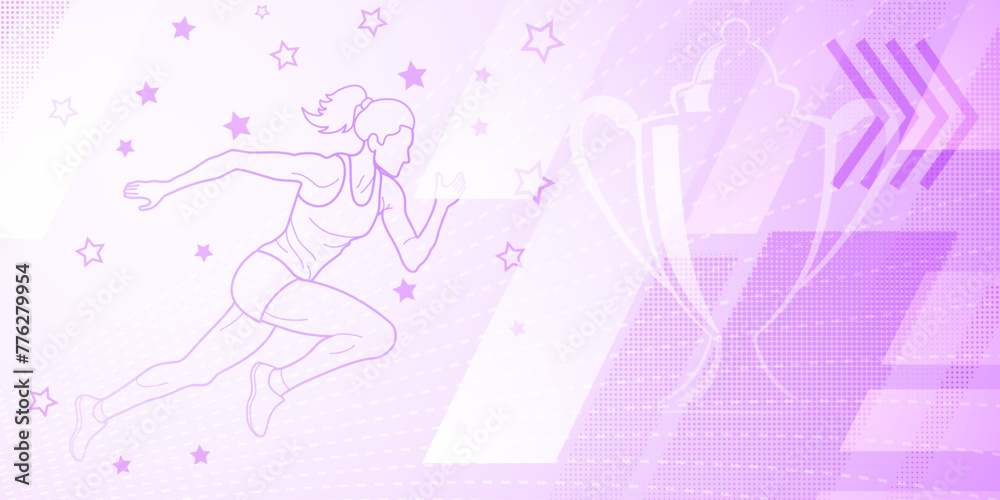 Runner themed background in purple tones with abstract lines and dots, with sport symbols such as a female athlete and a cup