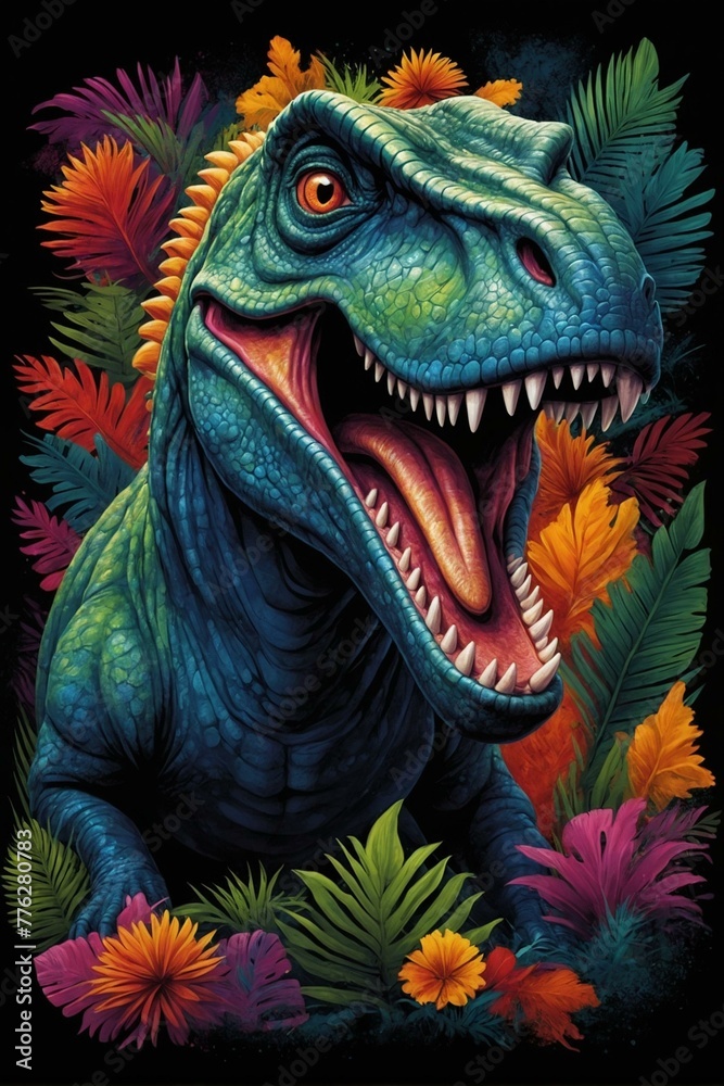 Obraz premium Vibrant and dynamic illustration of a fierce dinosaur roaring amidst a backdrop of lush and exotic tropical foliage