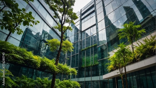 A striking contrast between reflective glass architecture and vivid green trees in an urban environment is depicted