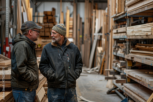 Workers Discussing in Lumber Warehouse