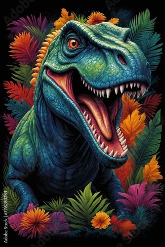 Vibrant and dynamic illustration of a fierce dinosaur roaring amidst a backdrop of lush and exotic tropical foliage © ArtistiKa