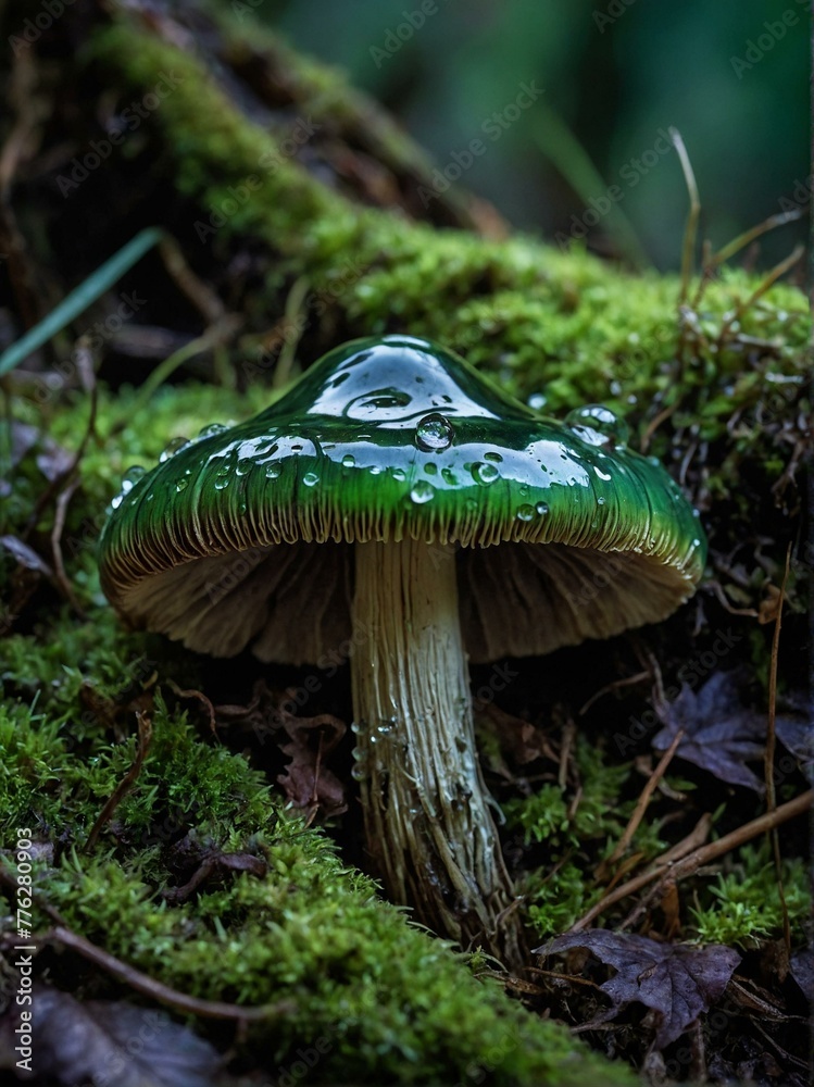 Fototapeta premium A close-up of a shiny mushroom cap covered in dew, set against a dark, mossy forest backdrop