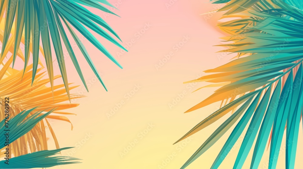 summer palm leaves on retro gradient, horizontal frame for social media, greeting card, blank space for text in the center, sales promotion banner with colorful flat design style