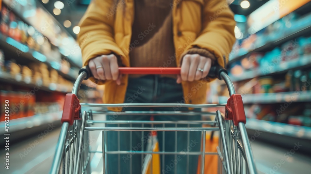 Woman pushing shopping cart in a supermarket, generative ai