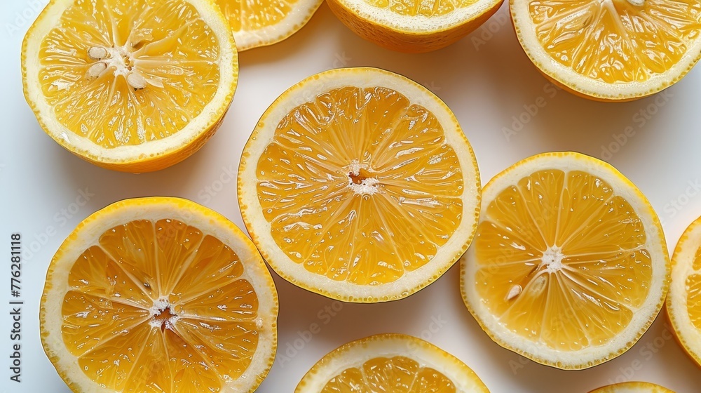 A collection of segmented oranges atop a pristine white countertop, adorned with water droplets A collection of segmented oranges atop a pristine white countertop, adorned with water droplets