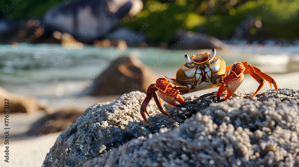 A crab peeking out from behind a rock, its eyes glinting in the sunlight with a tranquil beach scene in the distance A crab peeking out from behind a rock, its eyes glinting in the sunlight with a tranquil beach scene in the distance