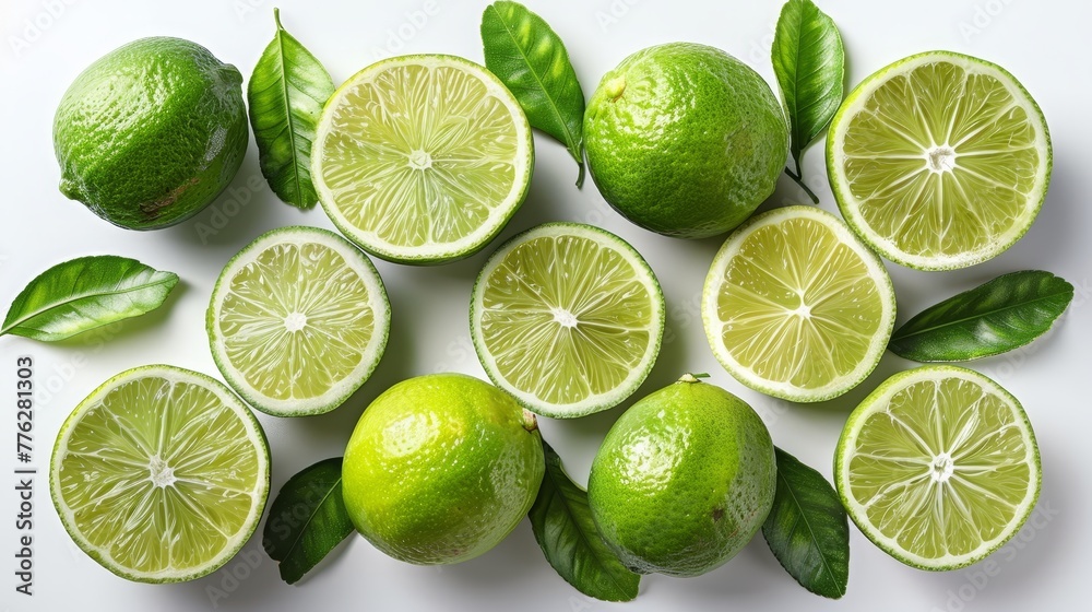  A collection of limes atop a white table, accompanied by green leaves and a halved lime