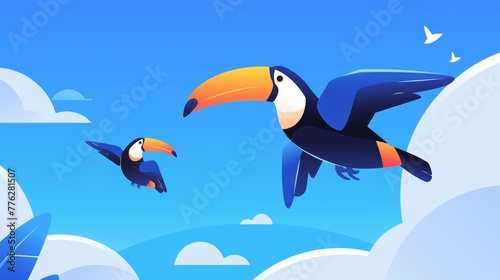 summer  toucan birds on blue background  horizontal frame for social media  greeting card  blank space for text in the center  sales promotion banner with colorful flat design style