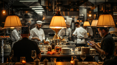 Bustling Professional Kitchen with Chefs Preparing Gourmet Meals