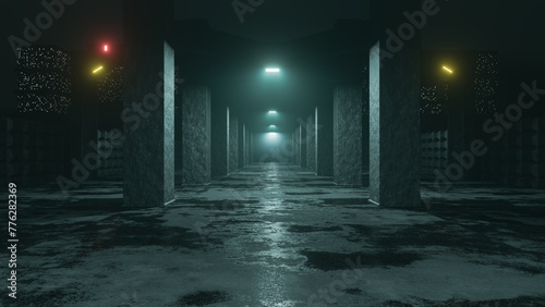 Street with concrete columns. Futuristic cityscape style and design