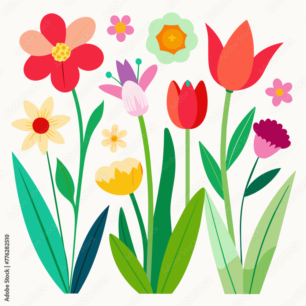 Spring flowers isolated on white background. Red, yellow and pink Spring flowers isolated on white background. Red, yellow and pink