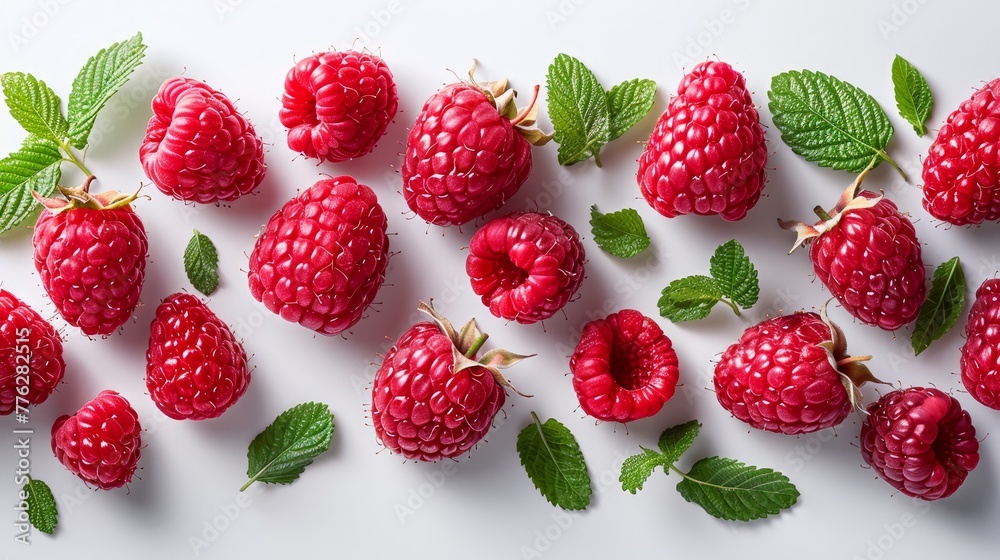 Group of raspberries with green leaves against a white backdrop, featuring a fewer number in the center Group of raspberries with green leaves against a white backdrop, featuring a fewer number in the center