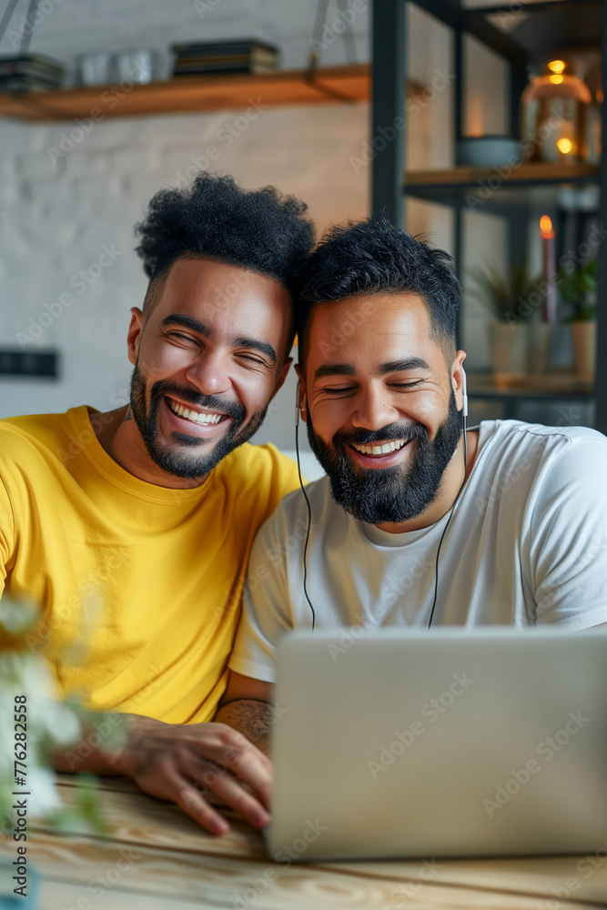 Joyful Gay Couple Sharing a Moment Online Joyful Gay Couple Sharing a Moment Online