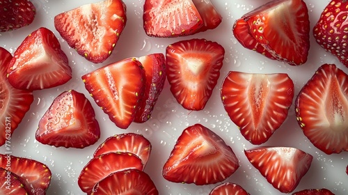  A tight shot of several strawberries against a pristine white backdrop, adorned with water droplets atop