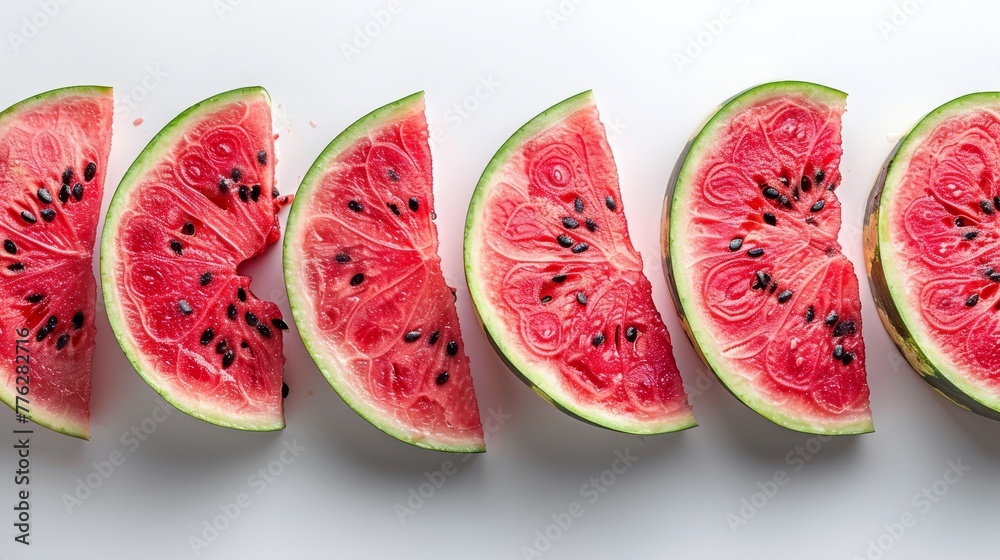 A collection of watermelon slices adjacent on a white backdrop, with dark seeds contrasting inside A collection of watermelon slices adjacent on a white backdrop, with dark seeds contrasting inside