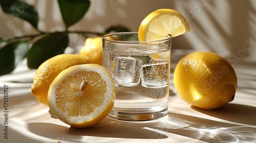  A glass of water with sliced lemons and a single lemon slice on a pristine white tablecloth A lush green plant serves as the backdrop