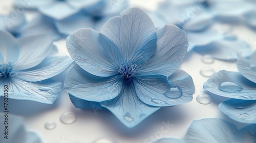   A collection of blue blossoms resting atop a bed of water droplets upon a blue paper backdrop  adorned with petal-clinging water beads