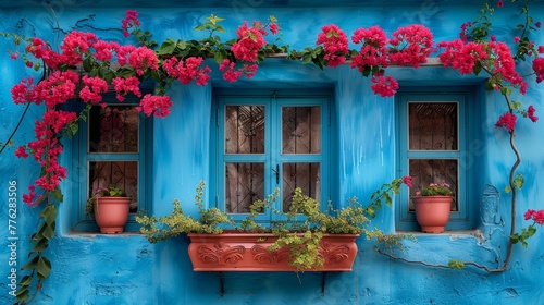   A blue building adorned with pink flowers blooming from its window boxes, and a red planter teeming with pink blossoms