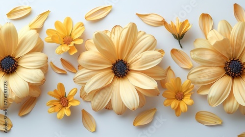   A yellow flower cluster sits atop a white table  alongside a green plant with leafy foliage Both elements rest on a white surface