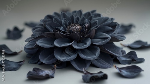  A tight shot of a black bloom against a white backdrop, with petals strewn on the floor and ground