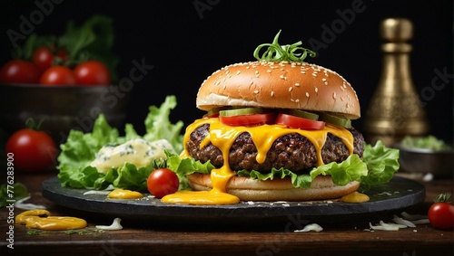 A gourmet juicy cheeseburger with melted cheese, fresh greens, and tomatoes on a rustic black slate plate, perfect for foodies