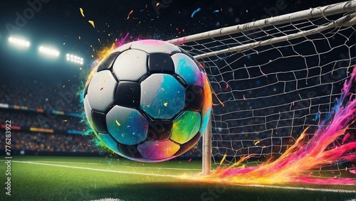 A striking soccer ball with vibrant neon trails in motion, depicting action and energy in sports © ArtistiKa