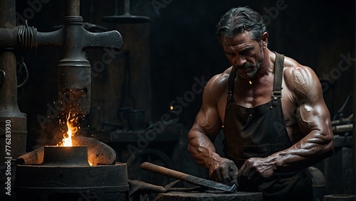 Wallpaper Mural A strong blacksmith forging iron on an anvil in a dark, rustic workshop with a glowing forge, invoking power and craftmanship Torontodigital.ca