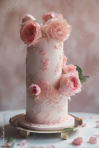 A stunning pink tiered cake adorned with exquisite sugar flowers and delicate piped details, perfect for celebrations