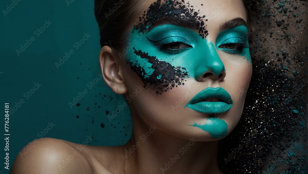 A dynamic image of a woman with her face half covered in exploding blue powder and bold makeup A dynamic image of a woman with her face half covered in exploding blue powder and bold makeup