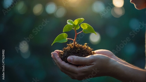 A pair of hands holding a young plant against a blurred nature background, symbolizing growth and care