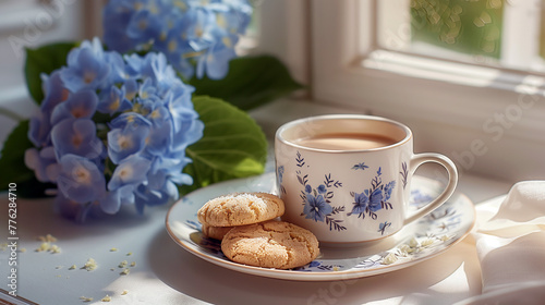 Morning Coffee and Cookies with Fresh Hydrangeas, Sunlit Window Still Life