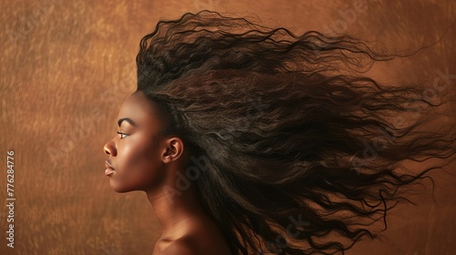 Stunning side profile of a black woman with her hair flowing in the wind. photo