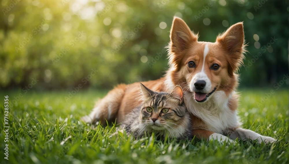 A charming cat with a fluffy orange and white coat resting on lush green grass, with face blurred for privacy A charming cat with a fluffy orange and white coat resting on lush green grass, with face blurred for privacy