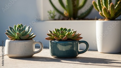 Two succulent plants with thick, fleshy leaves in rustic ceramic mugs on a concrete surface, soft sunlight