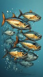 An illustration of a dynamic school of tropical fish swimming in the ocean depths