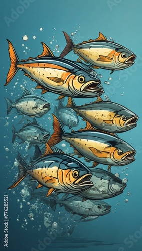 An illustration of a dynamic school of tropical fish swimming in the ocean depths