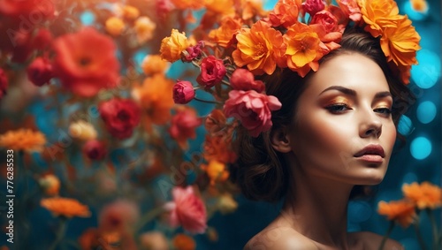 Strikingly beautiful woman with a crown of autumn flowers and vibrant makeup