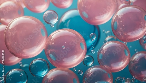 An abstract ensemble of pink and blue bubbles floating intertwined in a tranquil liquid environment