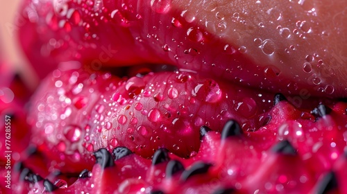   A tight shot of a pink blossom speckled with water droplets  accompanied by an outstretched hand in the periphery