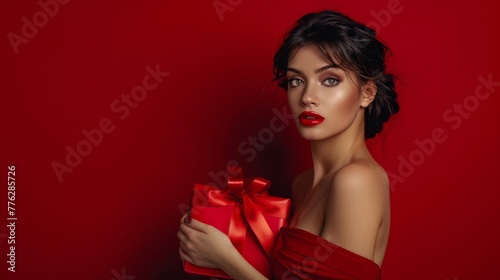 Woman in Red Dress Holding Gift