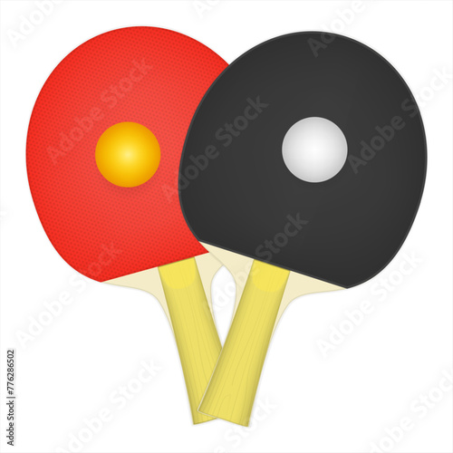 Ping pong rackets, two balls, white and orange. Isolated on a white background. Vector illustration.