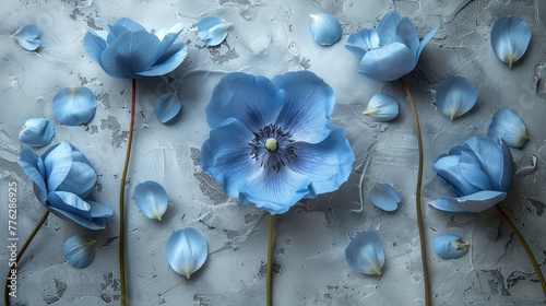  A cluster of blue blossoms seated together on a pristine white backdrop, exhibiting fractured petal centers