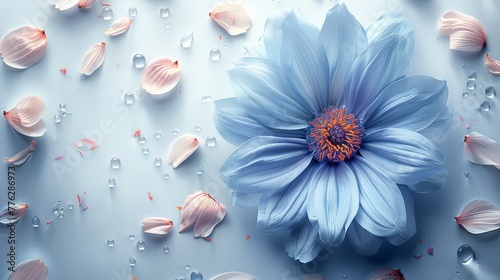   A blue flower with petals against a blue backdrop, adorned with water droplets on each petal