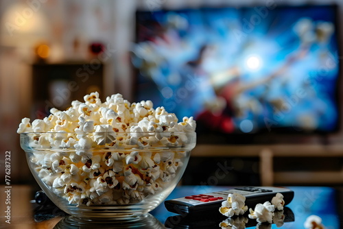 Closeup of a bowl of popcorn with a television in the background