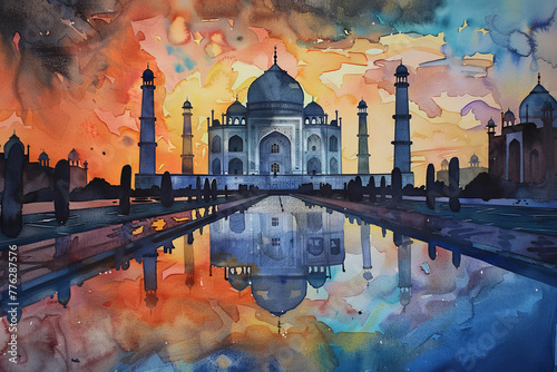 A painting of the Taj Mahal with a blue sky in the background