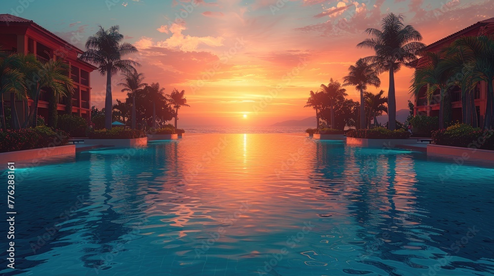 Swimming pool in a private villa overlooking the sea or ocean at sunset. Travel and resort banner - obrazy, fototapety, plakaty 