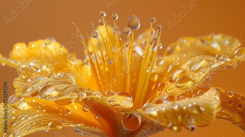  petals dotted with water droplets  center adorned with water beads